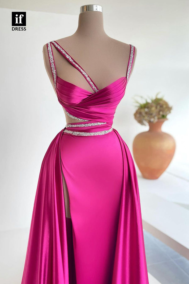 34253 - Charming A-Line Straps Pleated Sleeveelss High Split Long Prom Evening Dress