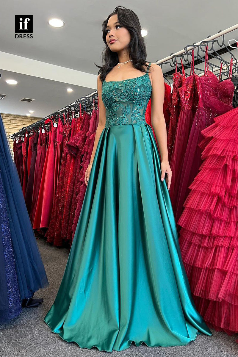 34256 - Elegant Spaghetti Straps Scoop Appliques Prom Formal Dress