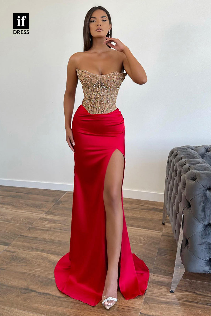 34258 - Off-Shoulder Scoop Top Beads High Split Sleeveless Long Prom Formal Dress