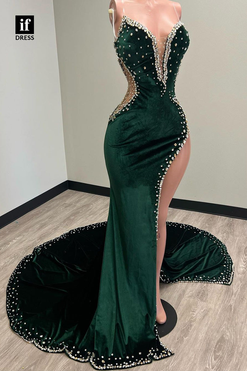 34264 - Honorable V-Neck Illusion Slit Velvet Beads Prom Formal Dress For Black Girls