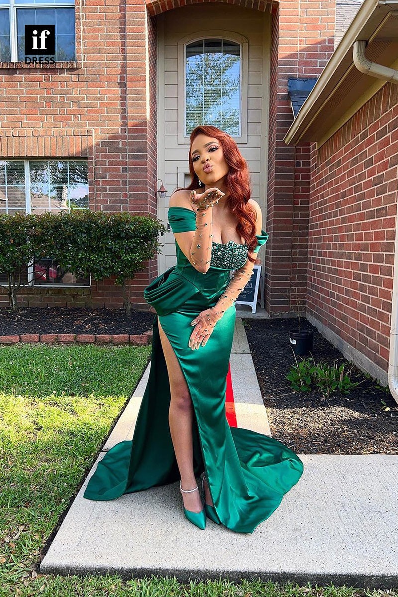 34265 - Amazing Off-Shoulder Beads Slit Prom Formal Dress For Black Girls