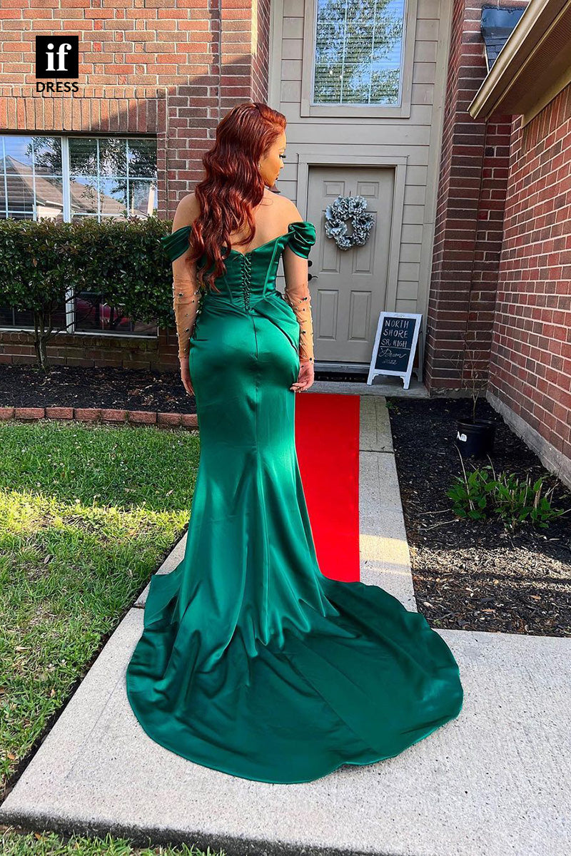 34265 - Amazing Off-Shoulder Beads Slit Prom Formal Dress For Black Girls