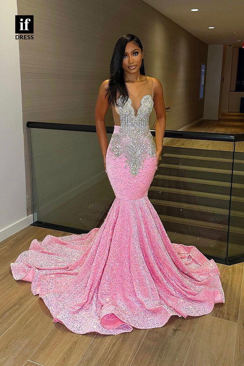 34270 - Adorable Illusion V-Neck Beads Mermaid Prom Formal Dress For Black Girls