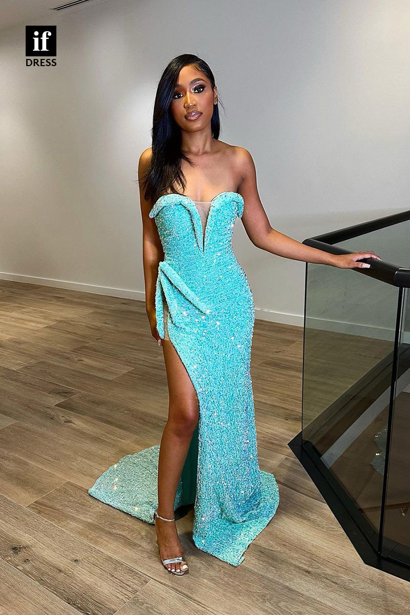 34271 - Sparkly Off-Shoulder Side Slit Prom Formal Dress For Black Girls