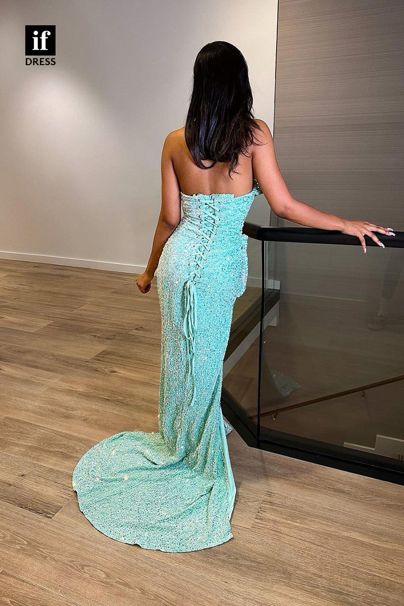 34271 - Sparkly Off-Shoulder Side Slit Prom Formal Dress For Black Girls