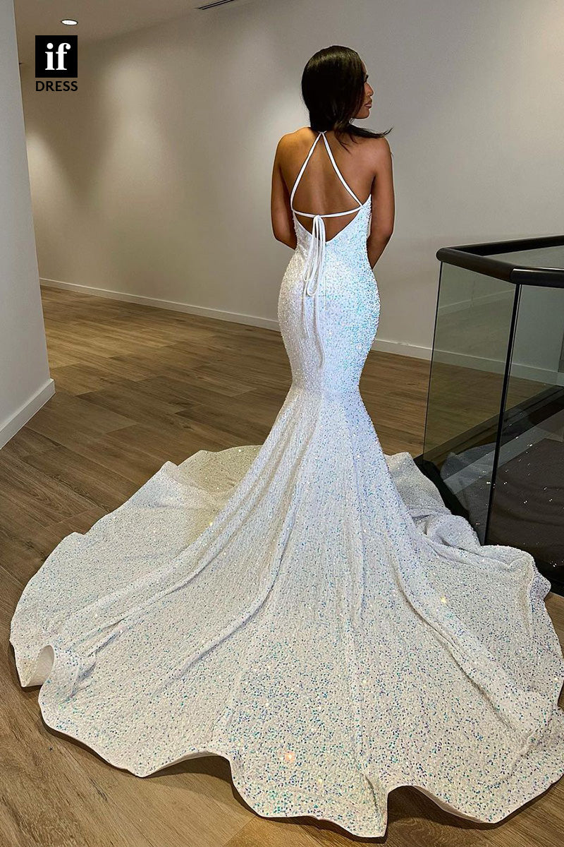 34273 - Distinctive V-Neck Sequined Mermaid Prom Formal Dress For Black Girls