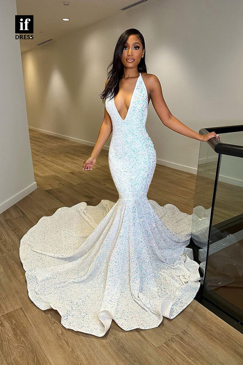 34273 - Distinctive V-Neck Sequined Mermaid Prom Formal Dress For Black Girls