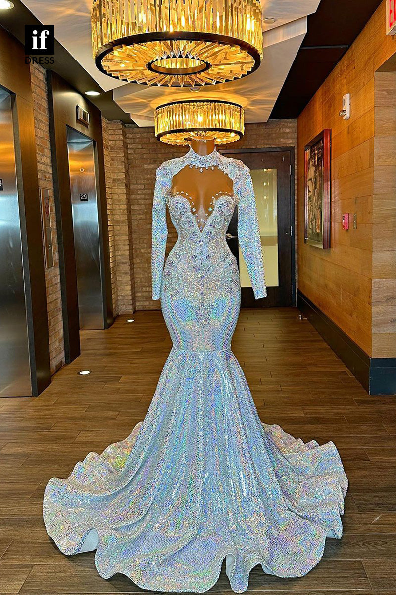 34281 - Sparkly V-Neck Long Sleeves Mermaid Prom Formal Dress For Black Girls