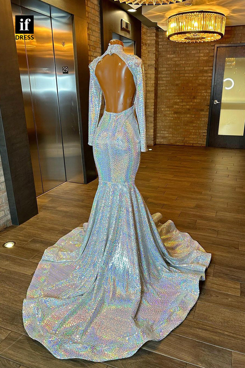 34281 - Sparkly V-Neck Long Sleeves Mermaid Prom Formal Dress For Black Girls