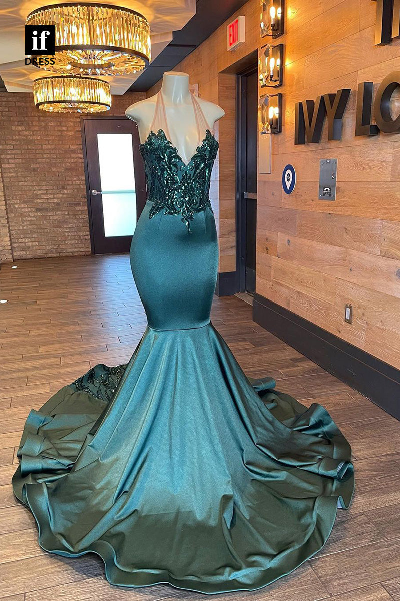 34283 - Halter V-Neck Appliques Mermaid Prom Formal Dress For Black Girls