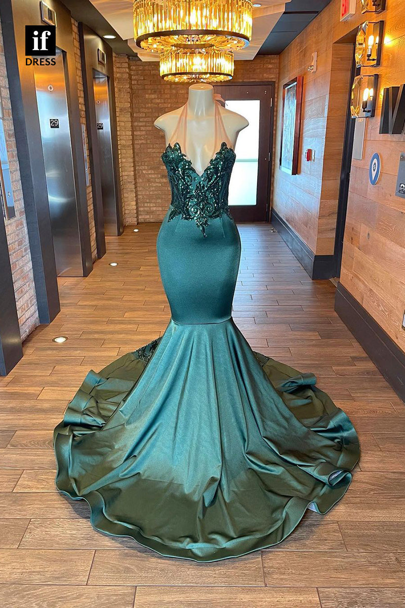 34283 - Halter V-Neck Appliques Mermaid Prom Formal Dress For Black Girls