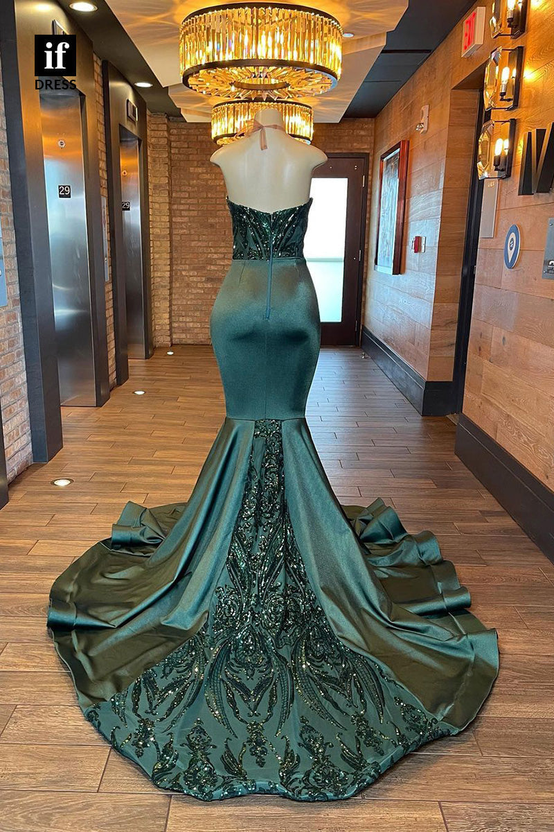 34283 - Halter V-Neck Appliques Mermaid Prom Formal Dress For Black Girls