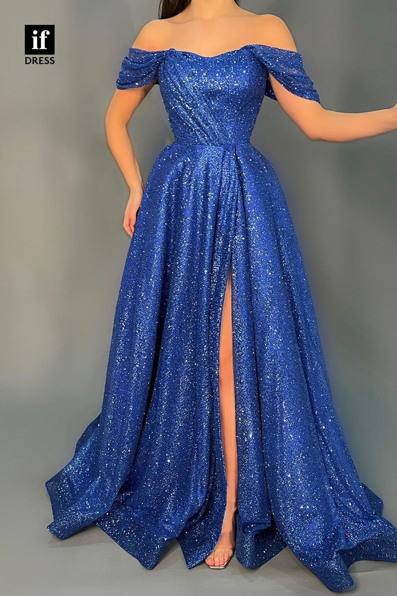 34294 - Gorgeous Off-Shoulder  Slit Cap Sleeves Prom Formal Evening Dress