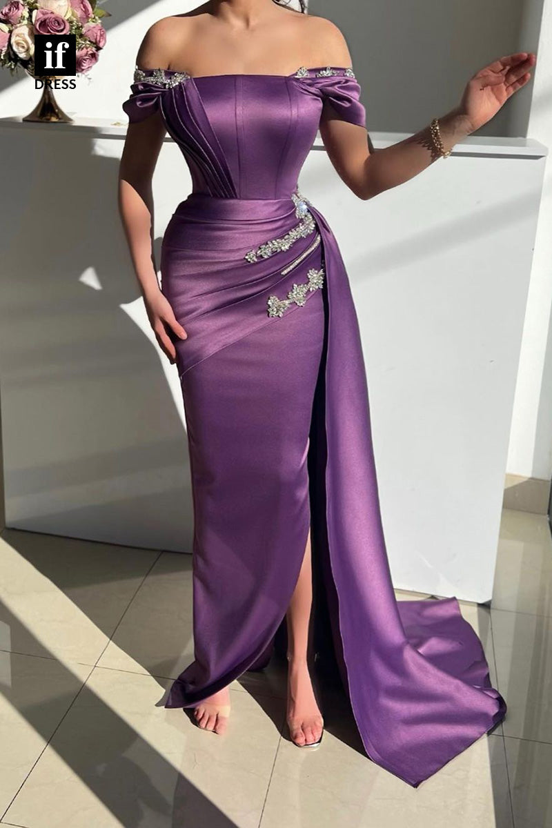 34296 - Attractive Off-Shoulder Pleats Slit Prom Formal Evening Dress