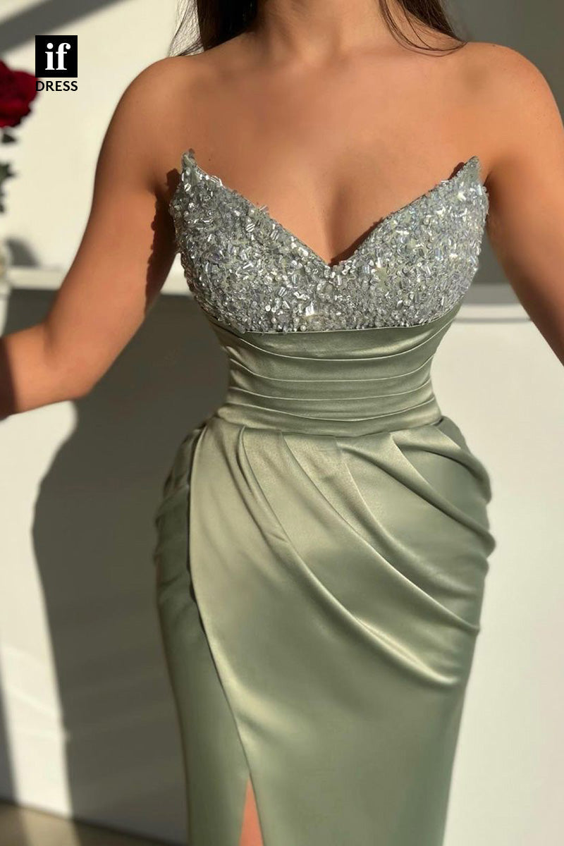 34297 - Modern V-Neck Pleats Slit Sheath/Column Prom Formal Evening Dress