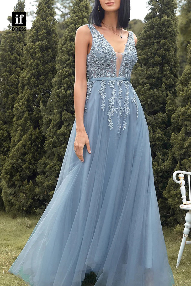 34307 - Classic V-Neck A--Line Appliques Illusion Prom Formal Evening Dress