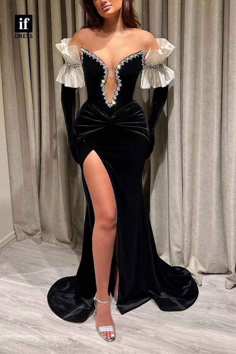 34312 - Off-Shoulder V-Neck Beads Long Sleeves Prom Formal Evening Dress with Split