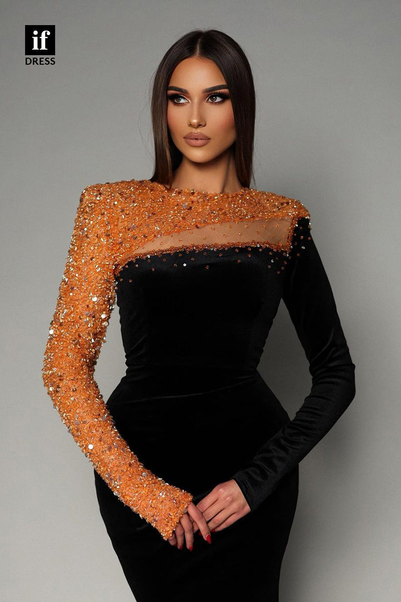 34313 - Amazing Long Sleeves Beaded Velvet Long Prom Formal Evening Dress