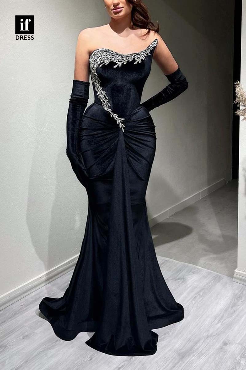 34321 - Stunning Strapless Beaded Pleats Mermaid Long Prom Formal Evening Dress