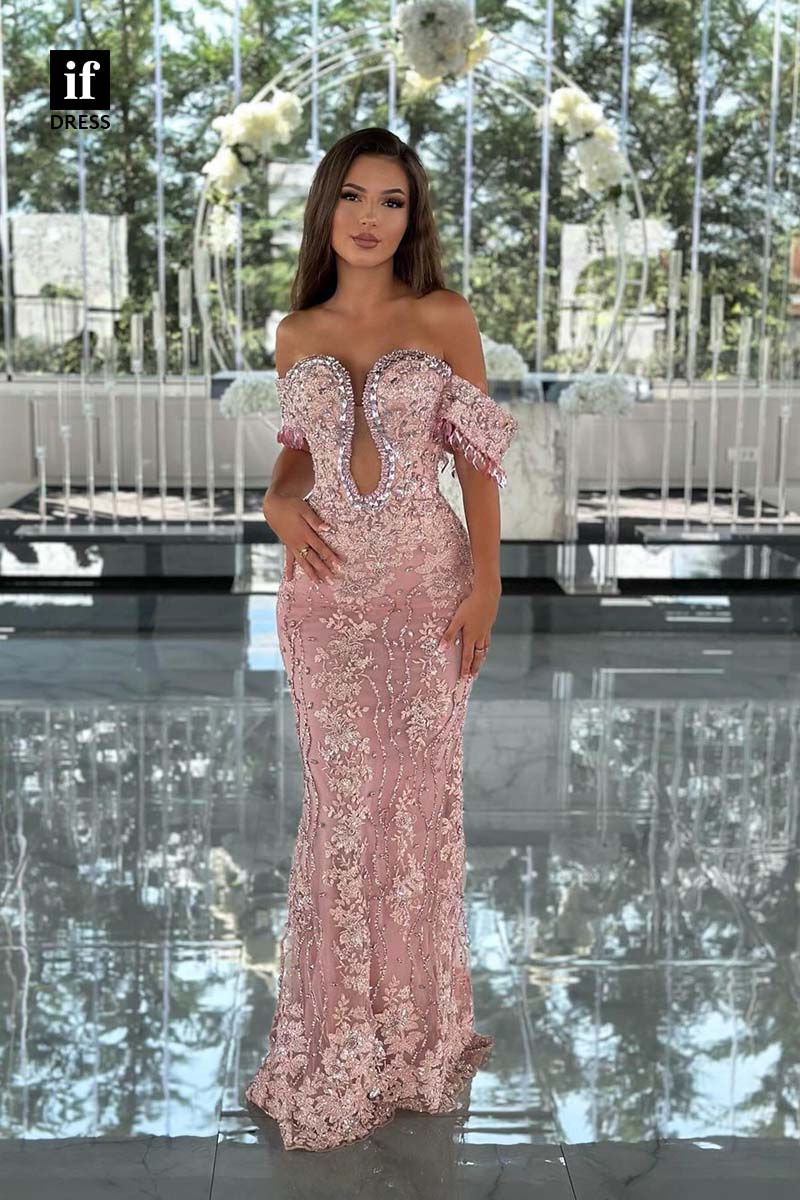 34340 - Elegant Off-Shoulder V-Neck lace Appliques Cap Sleeves Prom Formal Evening Dress