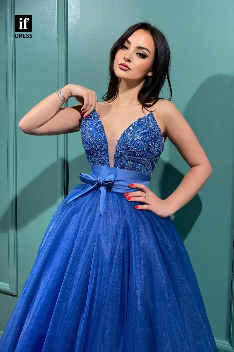 34347 - Charming Plunging V-Neck A-Line Belt Prom Formal Evening Dress