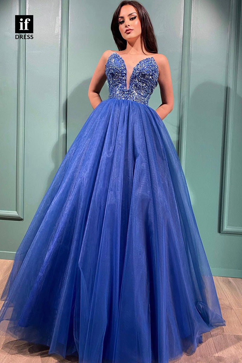 34347 - Charming Plunging V-Neck A-Line Belt Prom Formal Evening Dress