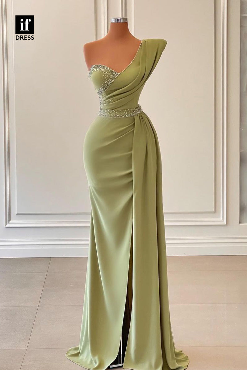 34349 - Elegant One Shoulder Pleats Beads Slit Prom Formal Evening Dress