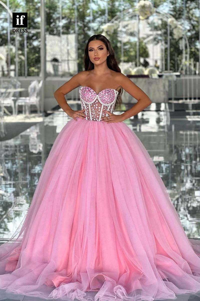 34355 - Attractive A-Line Sweetheart Beades Pleats Tulle Long Prom Evening Formal Dress