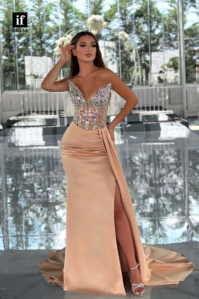 34358 - Stunning V-Neck Strapless Beaded Pleats Sleeveless Prom Evening Dress with Slit