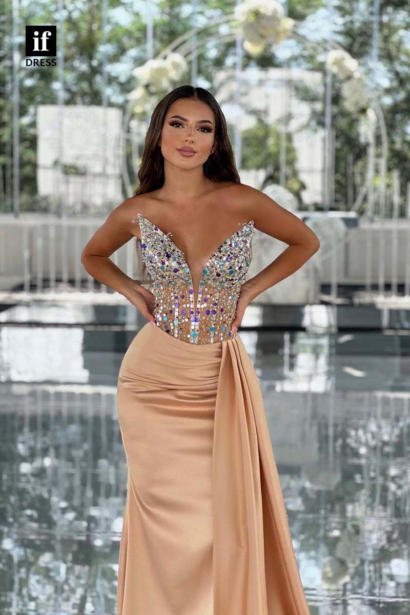 34358 - Stunning V-Neck Strapless Beaded Pleats Sleeveless Prom Evening Dress with Slit