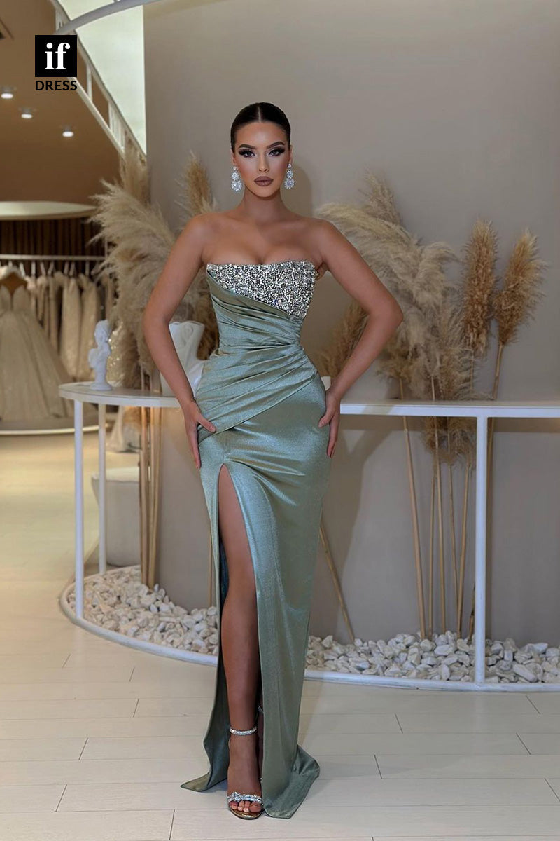 34366 - Gorgeous Off-Shoulder Pleats Side Slit Prom Formal Evening Dress