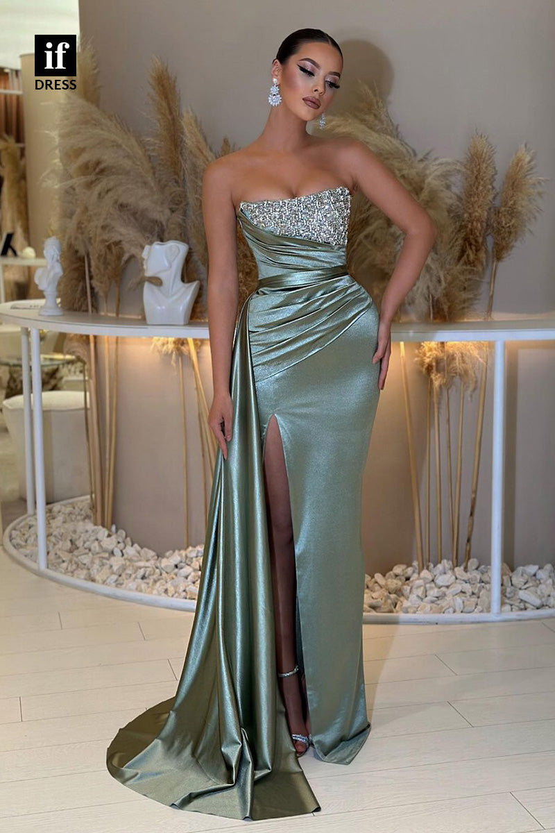 34366 - Gorgeous Off-Shoulder Pleats Side Slit Prom Formal Evening Dress