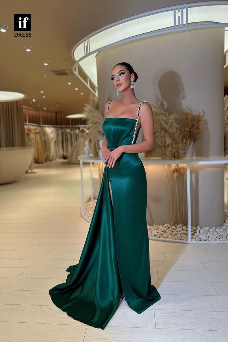 34367 - Elegant Spaghetti Straps High Slit Pleats Satin Long Prom Evening Formal Dress