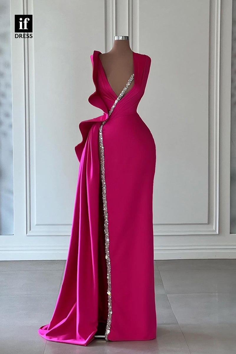 34371 -Glamorous Side Slit Straps Sheath Prom Evening Formal Dress