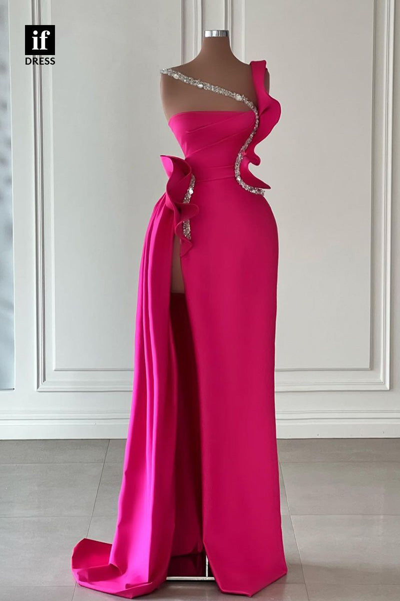 34372 - Distinictive One Shoulder Ruched Side Slit Prom Evening Formal Dress