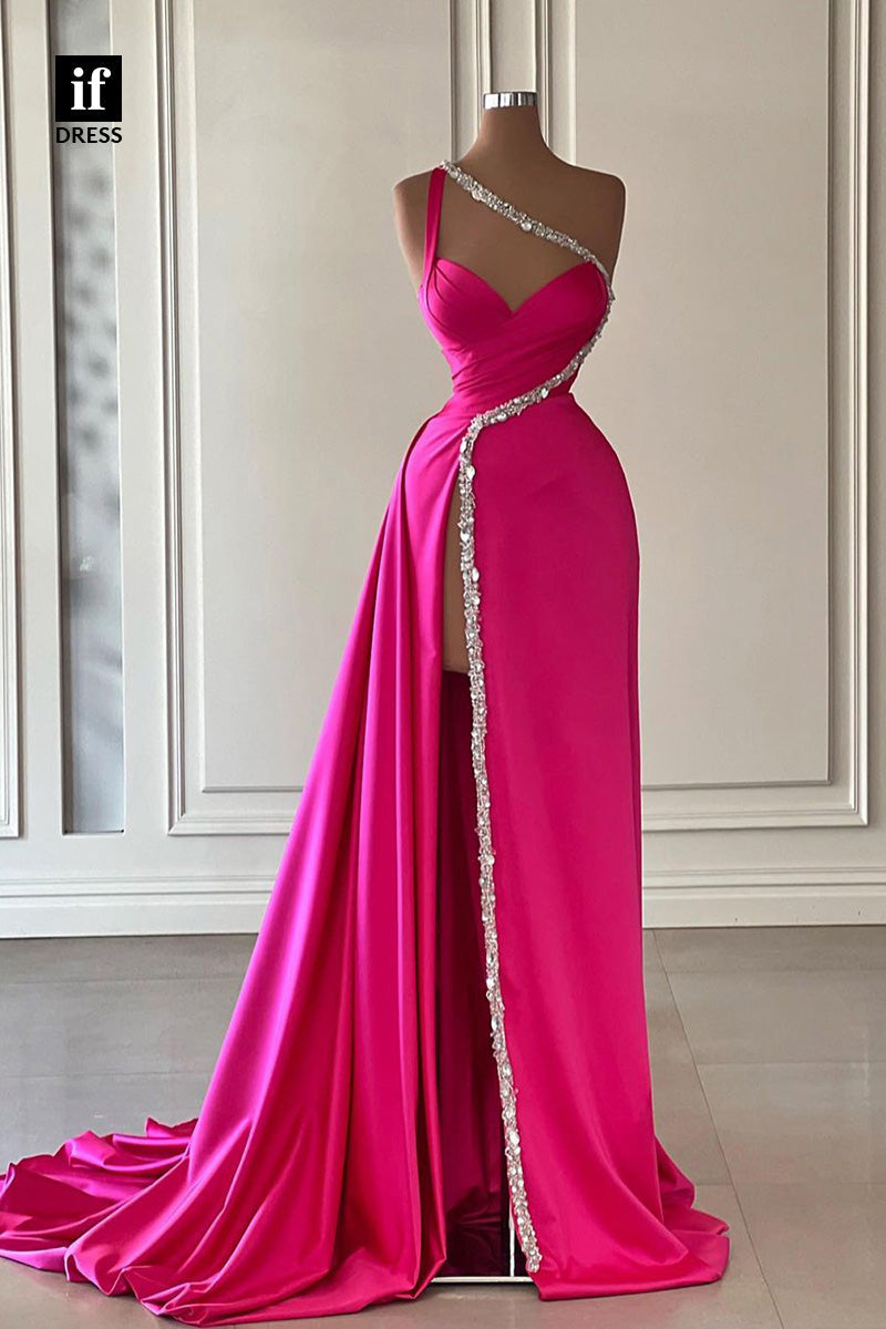 34373 - A-Line Unique Beaded One Shoulder V-Neck High Slit Prom Formal Evening Dress