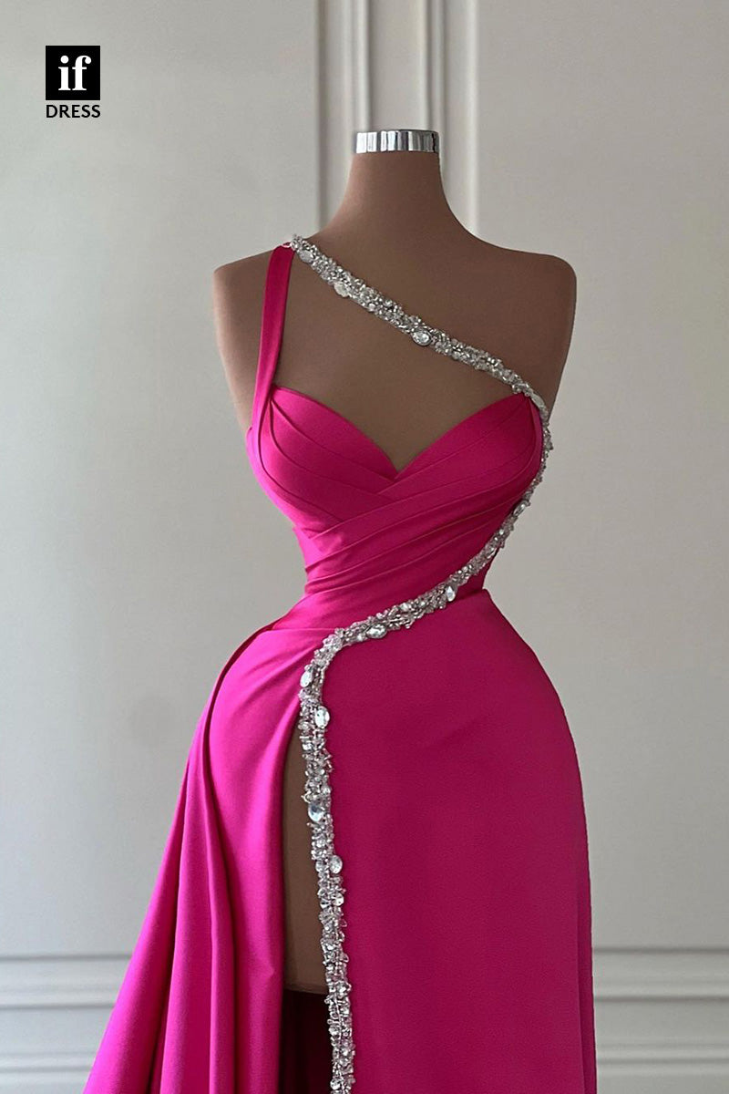 34373 - A-Line Unique Beaded One Shoulder V-Neck High Slit Prom Formal Evening Dress