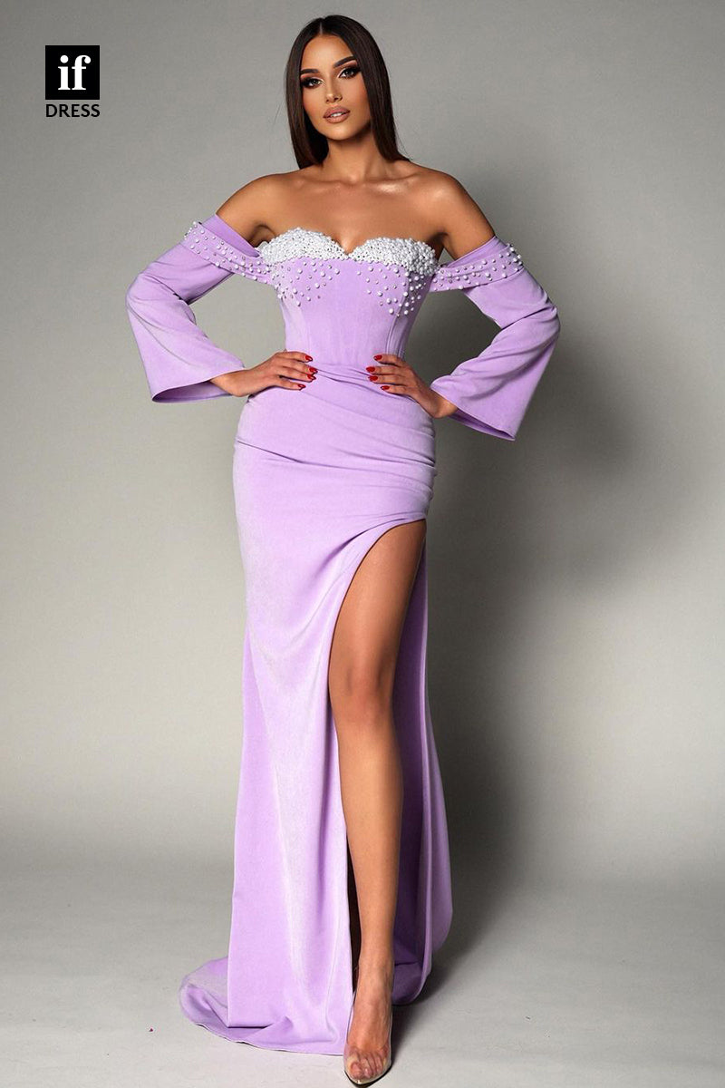 34374 - Elegant Strapless Beads Pleats Side Slit Long Prom Evening Dress with Sleeves