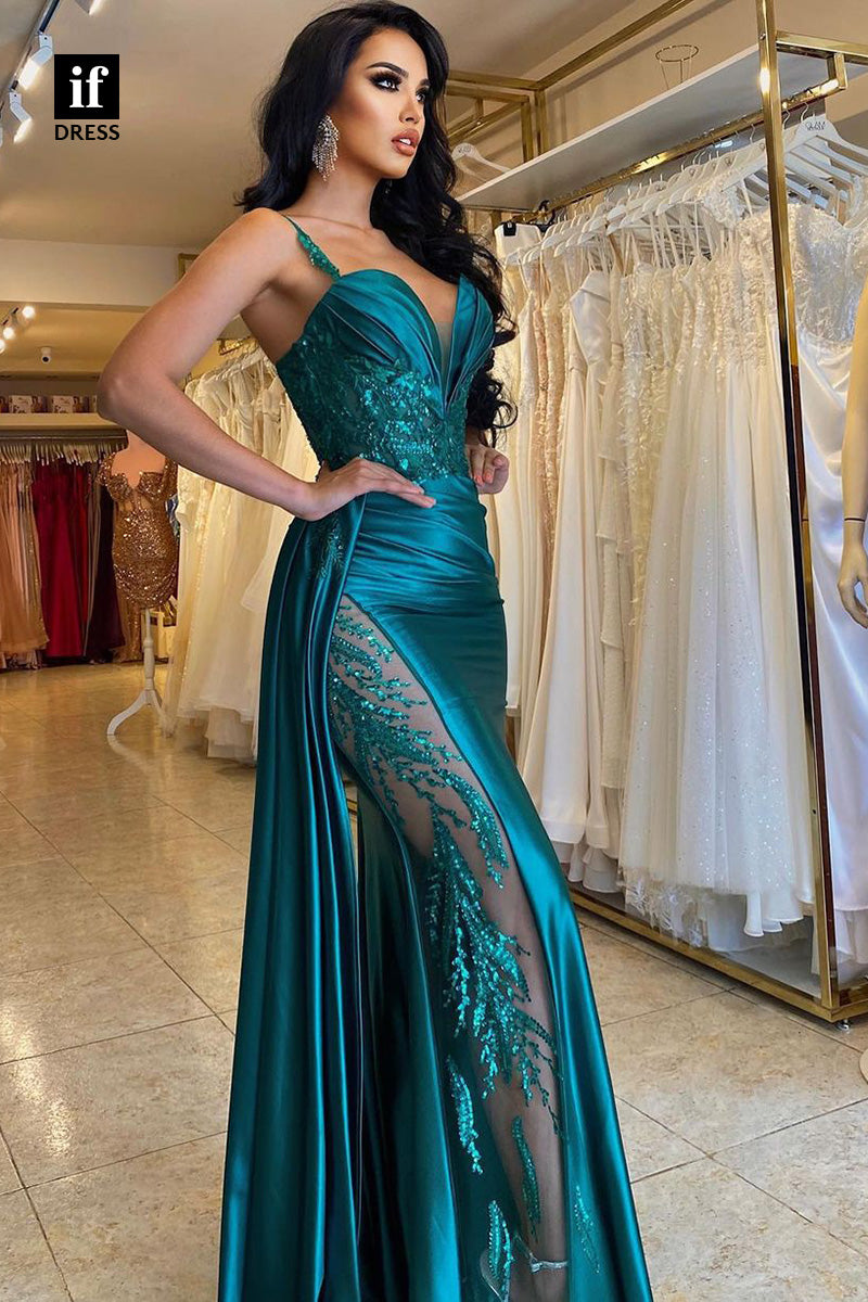 34378 - Glamorous Straps Pleated V-Neck Appliques Long Prom Formal Evening Dress