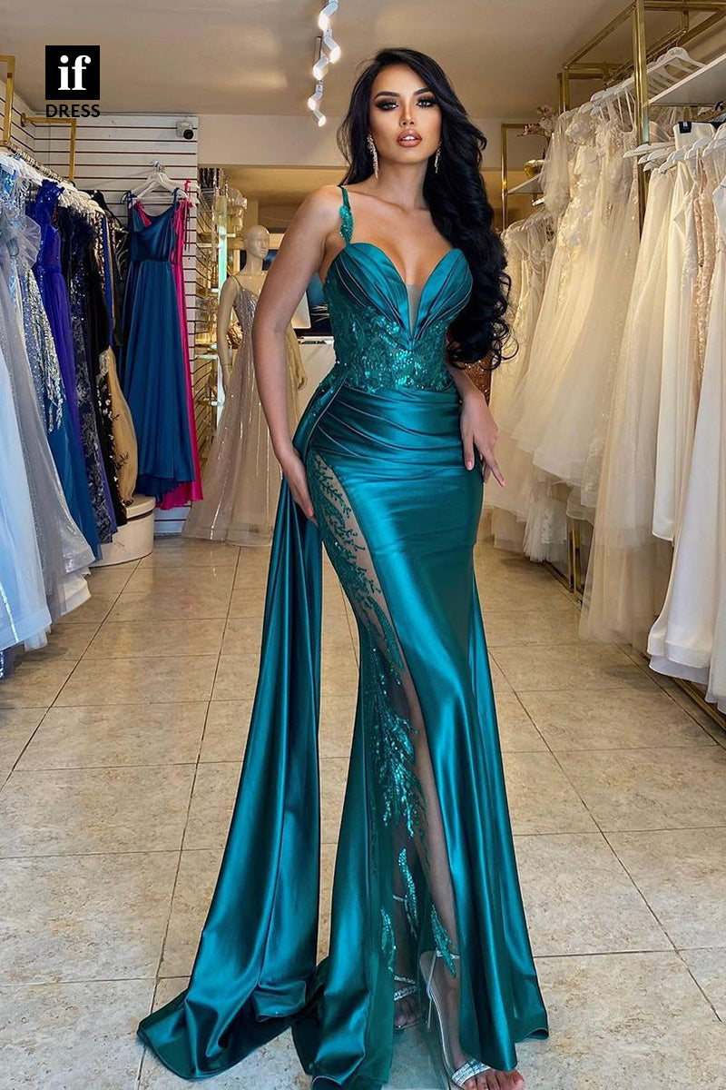 34378 - Glamorous Straps Pleated V-Neck Appliques Long Prom Formal Evening Dress