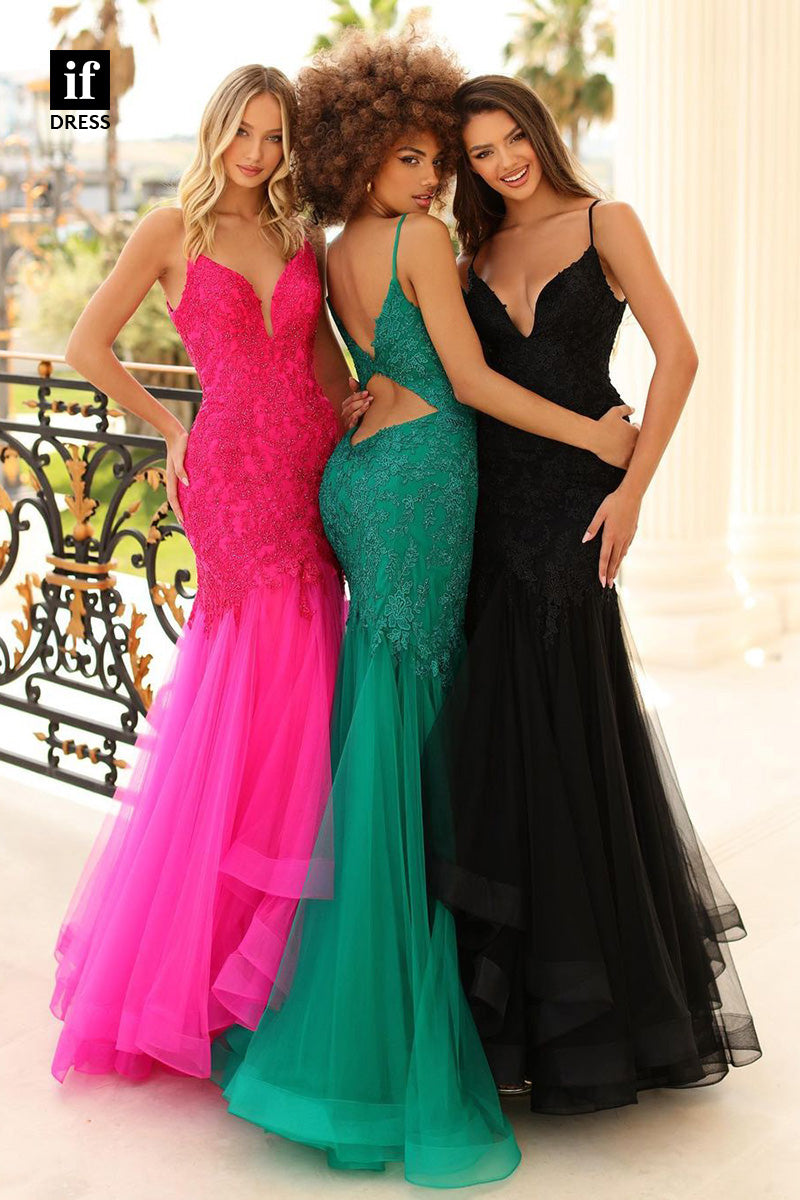 34398 - Charming Straps V-Neck Appliques Mermaid Prom Evening Formal Dress