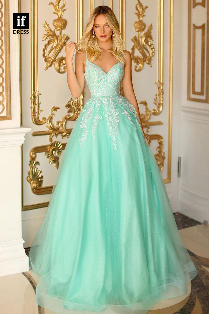 34399 - V-Neck Straps Appliques A-Line Prom Evening Formal Dress