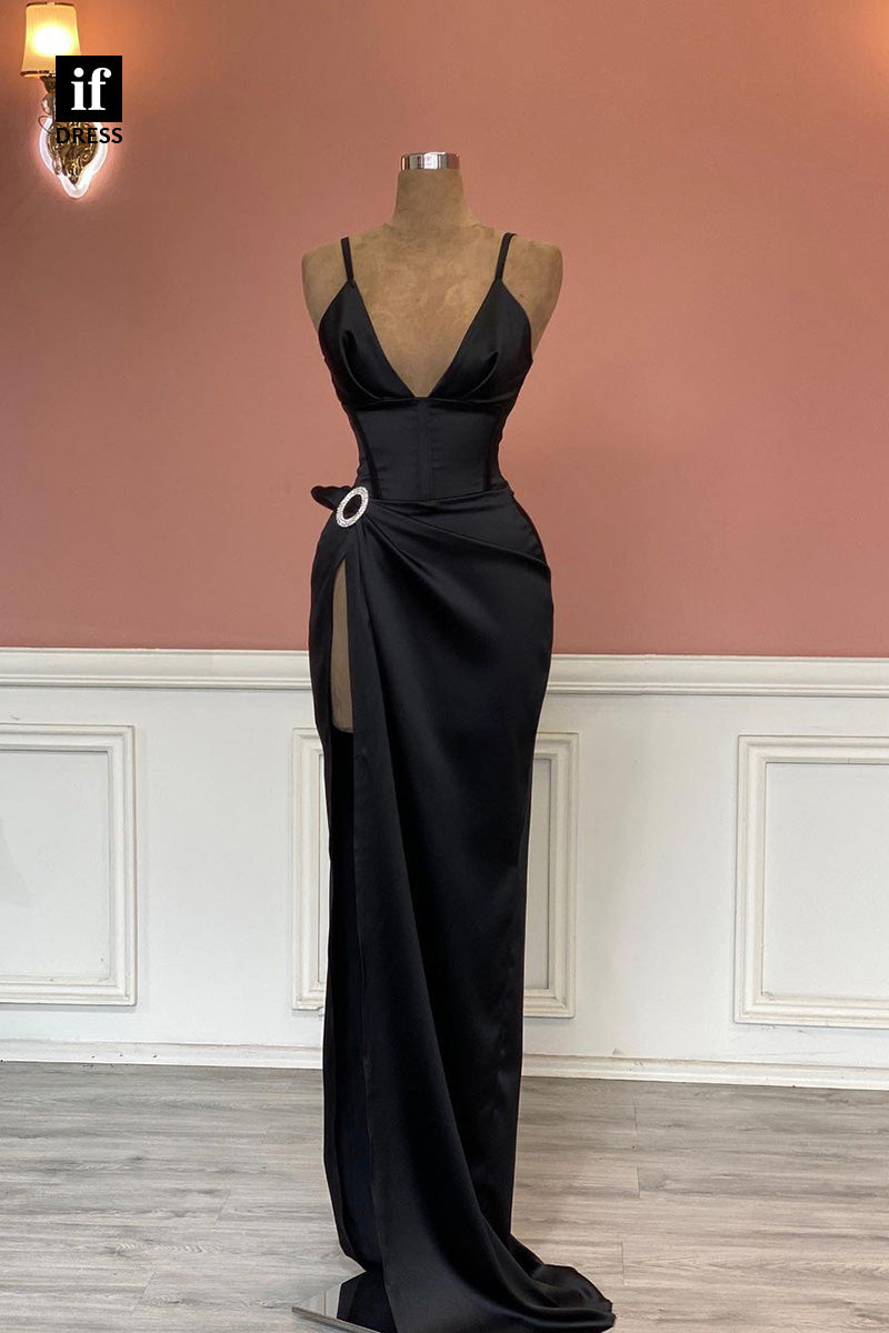 34403 - Chic Spaghetti Straps V-Neck Slit Prom Evening Formal Dress