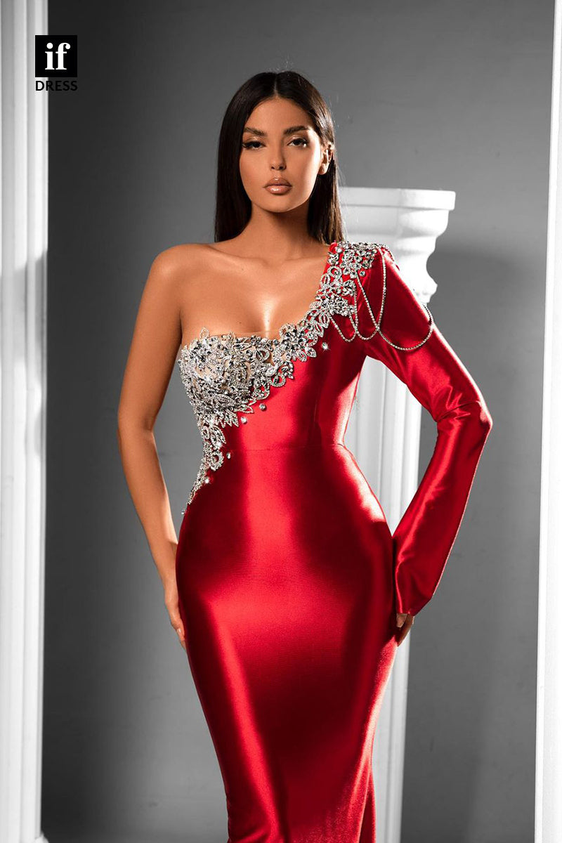 34414 - Attractive One Shoulder Beads Long Sleeves Mermaid Prom Evening Formal Dress