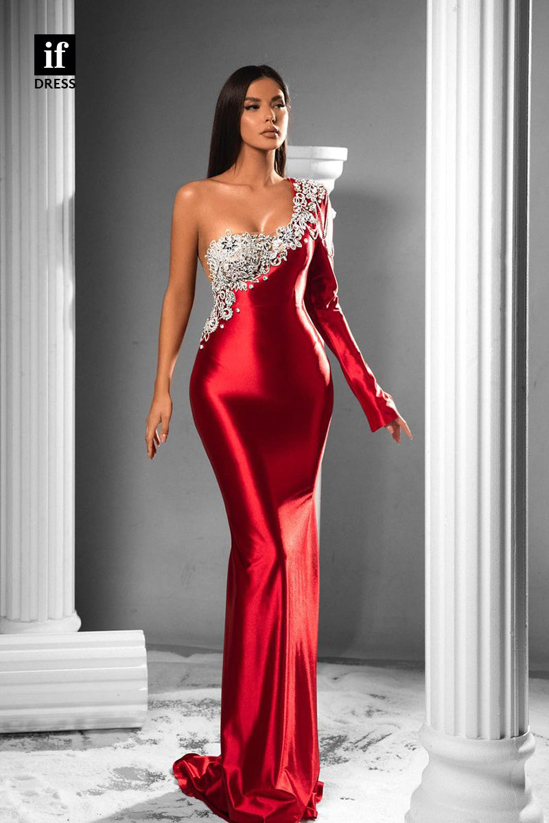 34414 - Attractive One Shoulder Beads Long Sleeves Mermaid Prom Evening Formal Dress