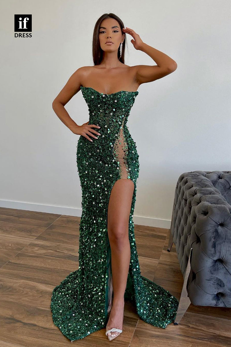 34432 - Sexy Strapless Beaded V-Neck Side Slit Mermaid Sleeveless Long Prom Evening Formal Gown