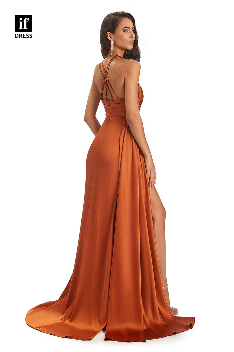 34434 - Unique Halter Pleats Side Slit Long Evening Formal Prom Dress