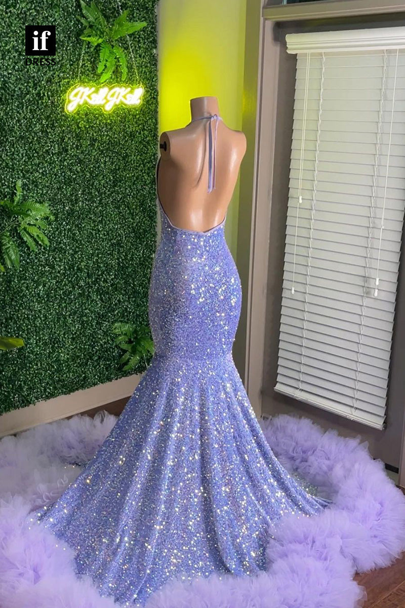 34453 - Classic Low V-Neck Sequined Mermaid Prom Evening Dress For Black Girls