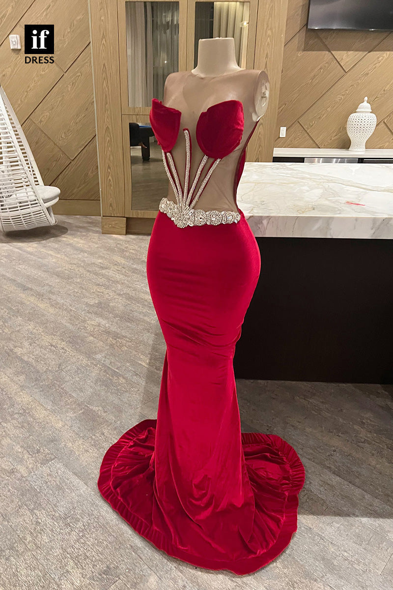 34463 - Stunning Illusion Beads Velvet Prom Evening Formal Dress For Black Girls