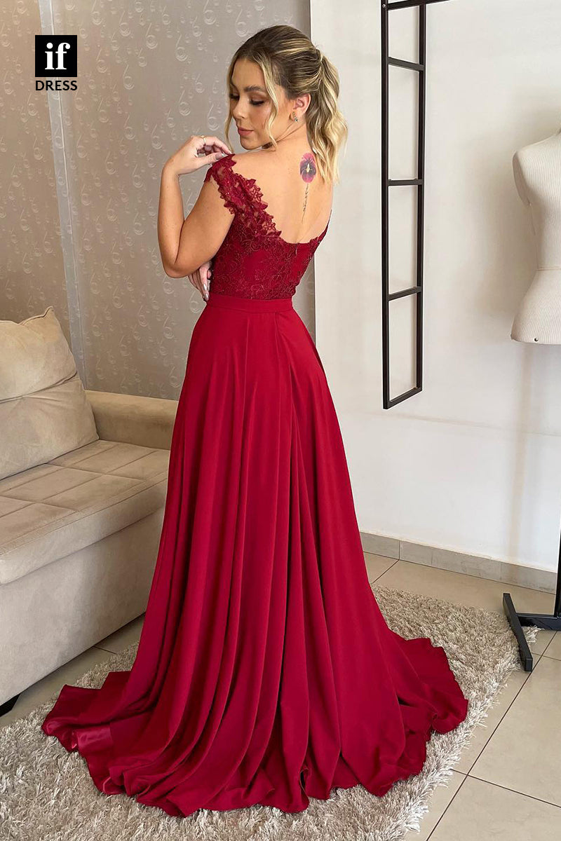 34472 - A-Line Off Shoulder Lace Appliques Belt Prom Formal Evening Dress